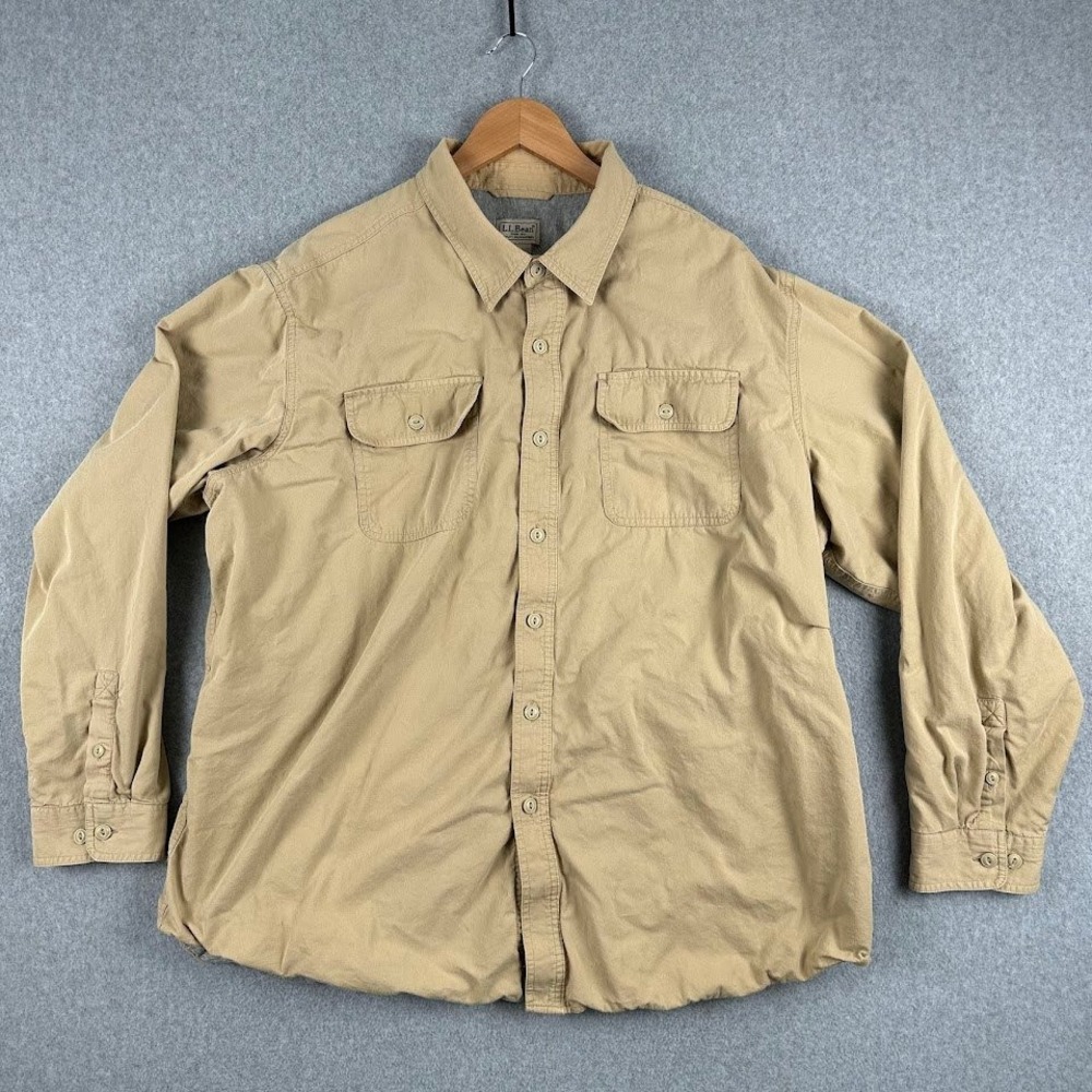 LL Bean Mens 100% Cotton Flannel Lined Shirt Shacket‎ XXL REG Tan Button Up